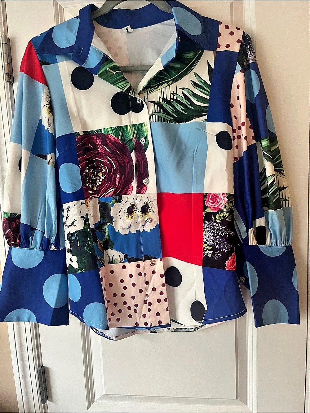 NWOT Women's Color Block Patchwork Button Blouse Asian Size XL